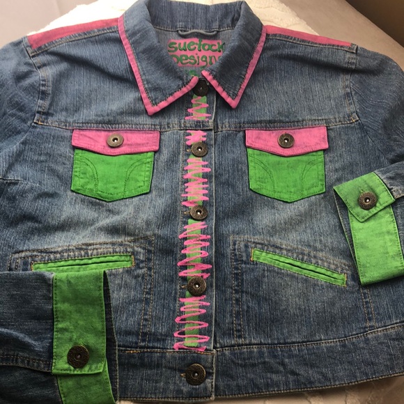 NWOT Jean Jacket Coat Hand Designed, Size Small, pink, chartreuse washable - Picture 4 of 8